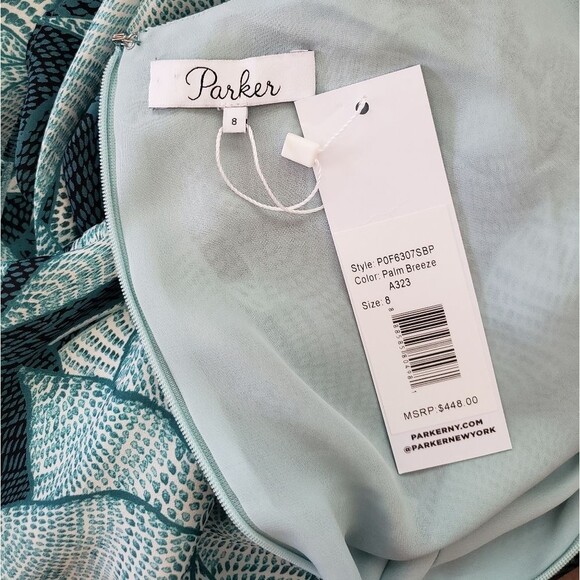 Parker 100% Silk Floral Palm Print High-Low Short Sleeve Midi Dress - Picture 9 of 12